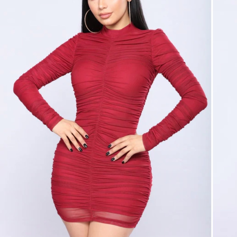 Red Ruched Long Sleeve Dress
